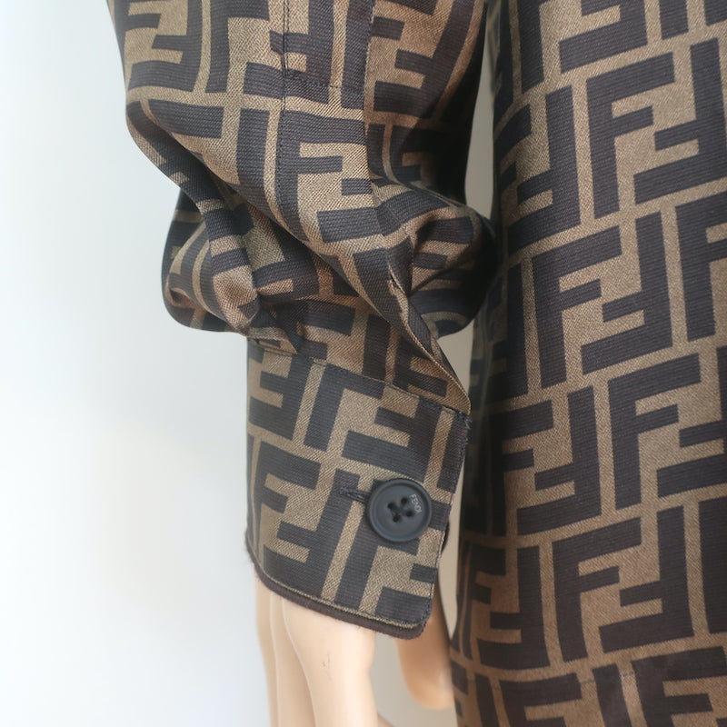 Fendi Zucca FF Logo Print Silk Satin Shirt Brown Size 41