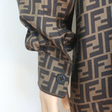 Fendi Zucca FF Logo Print Silk Satin Shirt Brown Size 41