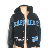 Supreme King Leather-Sleeve Hooded Varsity Jacket Black Size Medium