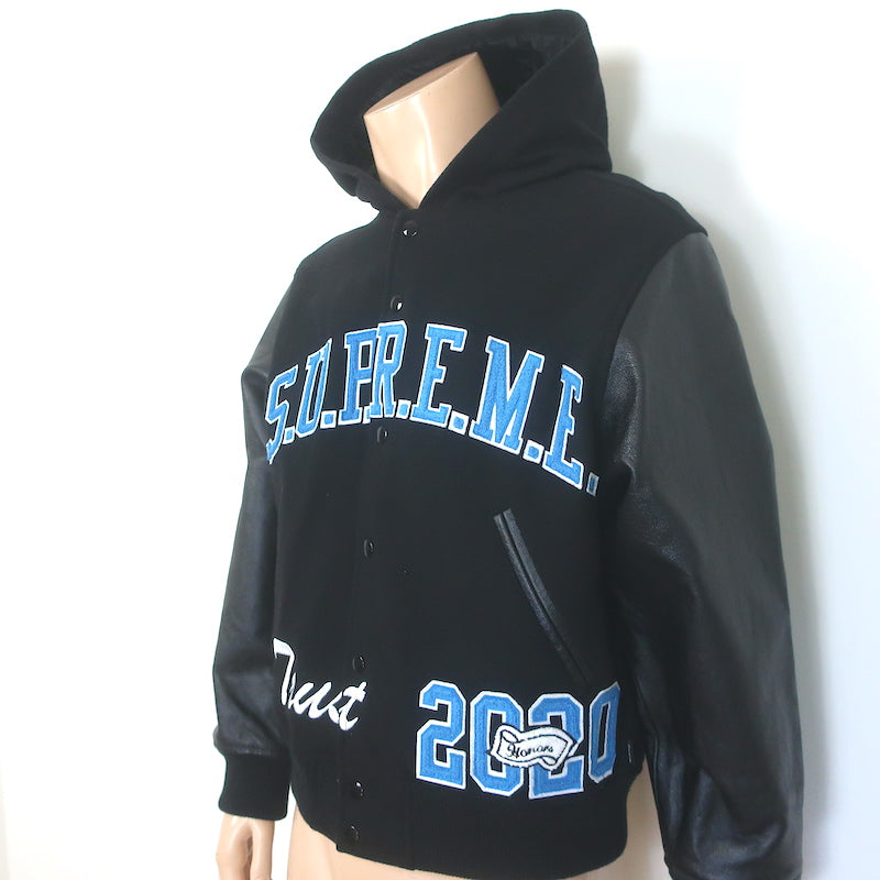 Supreme King Leather-Sleeve Hooded Varsity Jacket Black Size Medium
