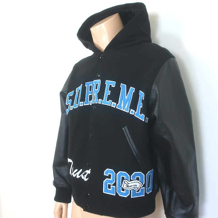 Supreme King Leather-Sleeve Hooded Varsity Jacket Black Size Medium