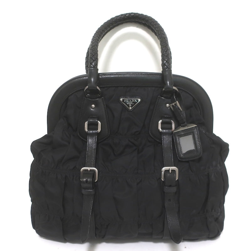 Prada Tessuto Gaufre Braided Strap Large Shoulder Bag Black Leather-Trim Nylon