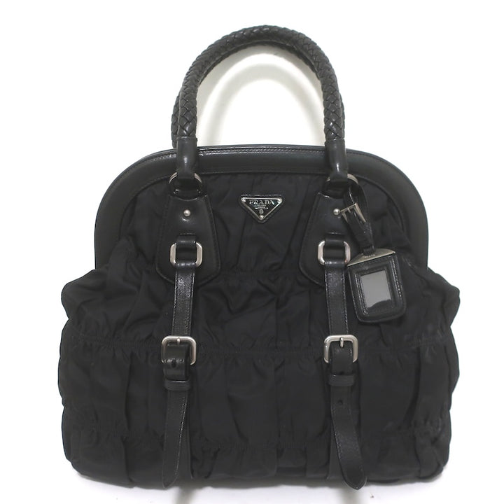 Prada Tessuto Gaufre Braided Strap Large Shoulder Bag Black Leather-Trim Nylon