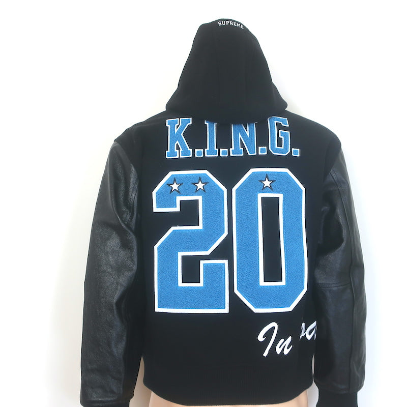 Supreme King Leather-Sleeve Hooded Varsity Jacket Black Size Medium