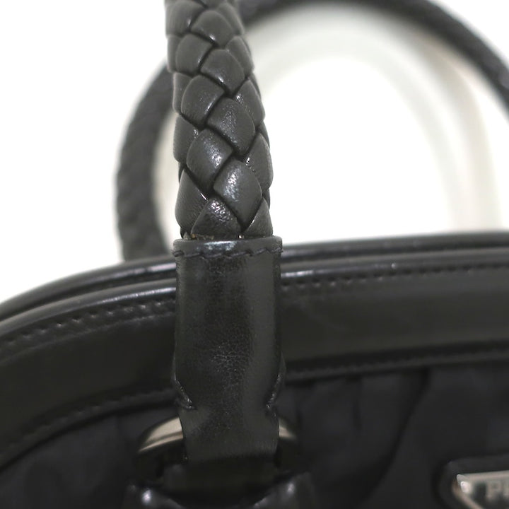 Prada Tessuto Gaufre Braided Strap Large Shoulder Bag Black Leather-Trim Nylon