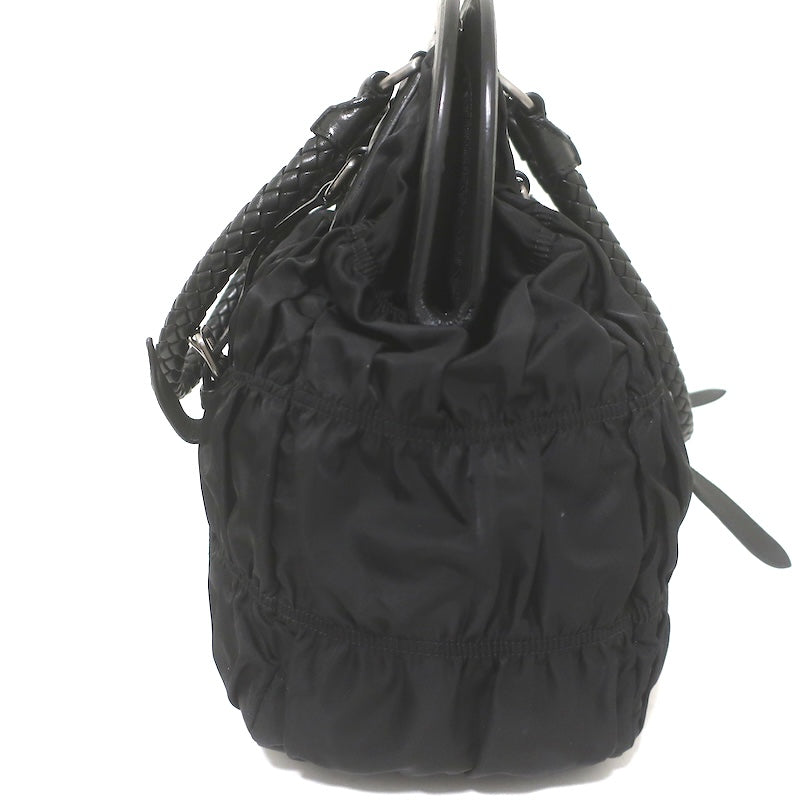 Prada Tessuto Gaufre Braided Strap Large Shoulder Bag Black Leather-Trim Nylon