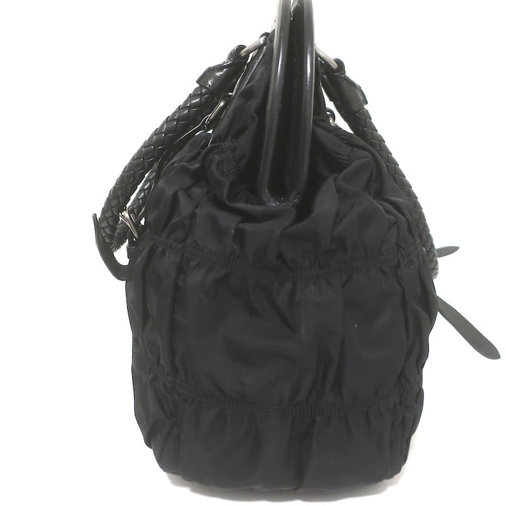 Prada Tessuto Gaufre Braided Strap Large Shoulder Bag Black Leather-Trim Nylon