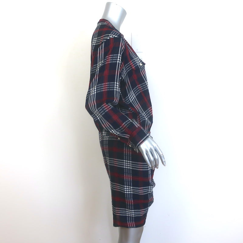 Veronica Beard Emory Ruched Mini Shirt Dress Navy Plaid Cotton-Blend Size 10 NEW