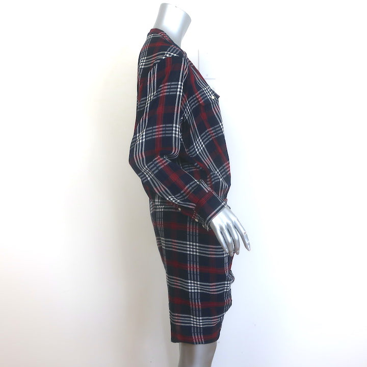 Veronica Beard Emory Ruched Mini Shirt Dress Navy Plaid Cotton-Blend Size 10 NEW