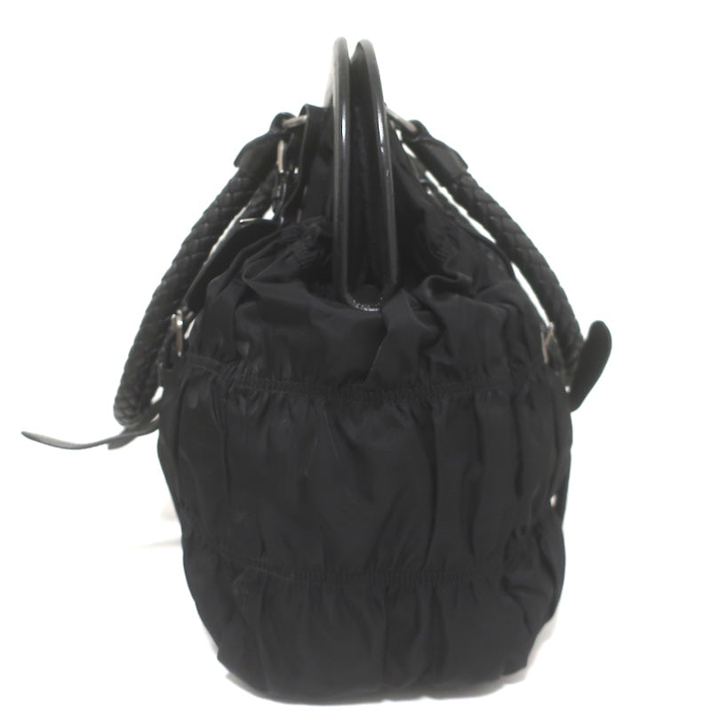 Prada Tessuto Gaufre Braided Strap Large Shoulder Bag Black Leather-Trim Nylon