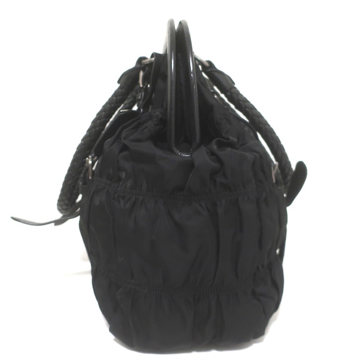Prada Tessuto Gaufre Braided Strap Large Shoulder Bag Black Leather-Trim Nylon