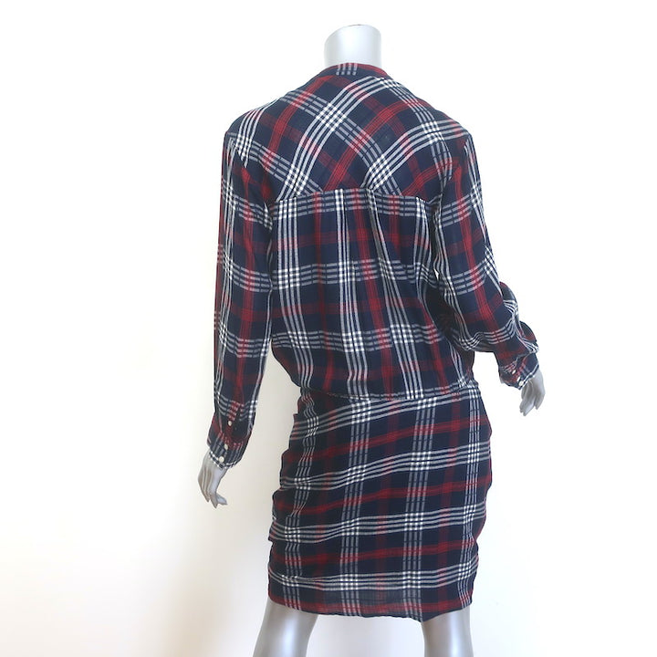 Veronica Beard Emory Ruched Mini Shirt Dress Navy Plaid Cotton-Blend Size 10 NEW