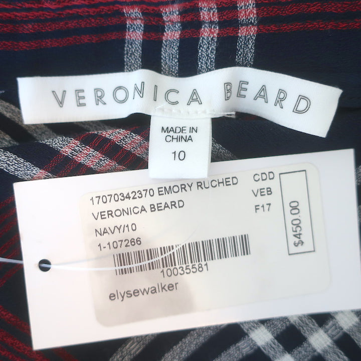 Veronica Beard Emory Ruched Mini Shirt Dress Navy Plaid Cotton-Blend Size 10 NEW