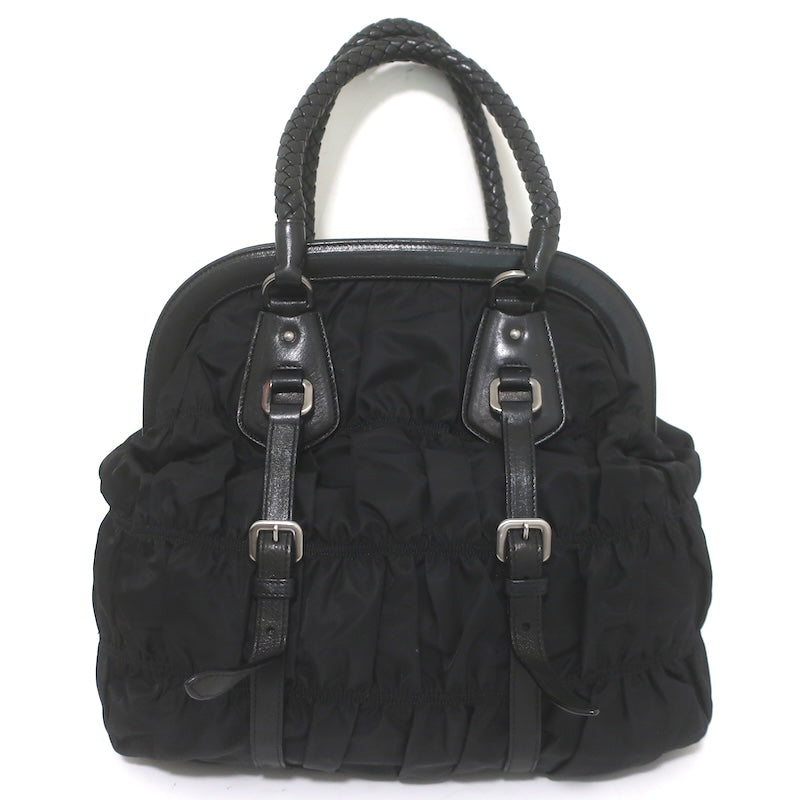 Prada Tessuto Gaufre Braided Strap Large Shoulder Bag Black Leather-Trim Nylon
