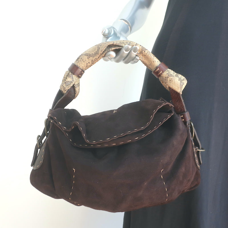 Henry Beguelin Snakeskin-Strap Hobo Dark Brown Suede Small  