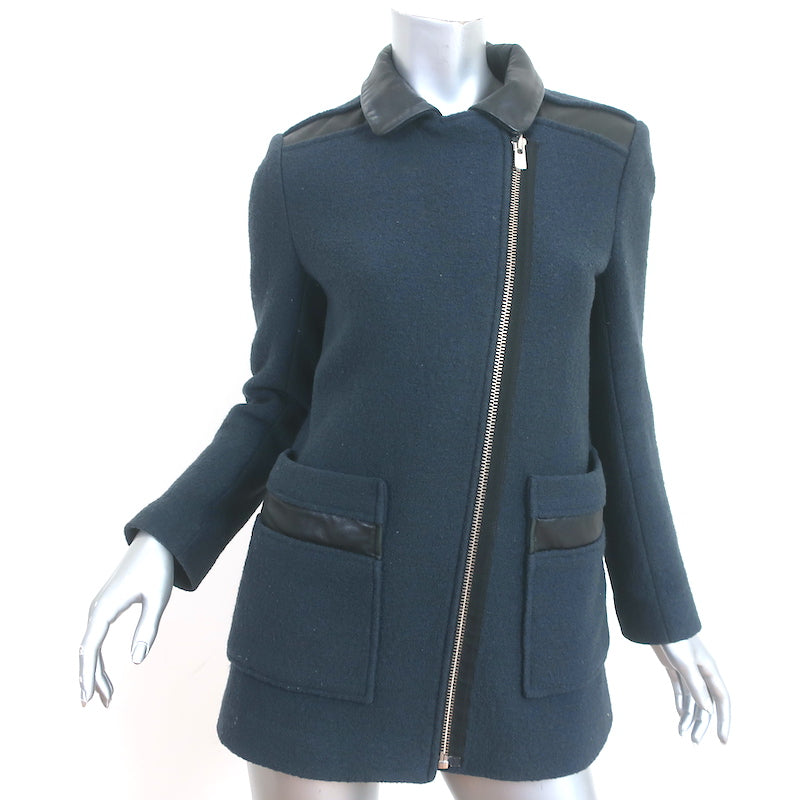 Maje Coat – 36 Dark Teal Size Owned Garvelle Celebrity Wool Leather-Trimmed Boucle