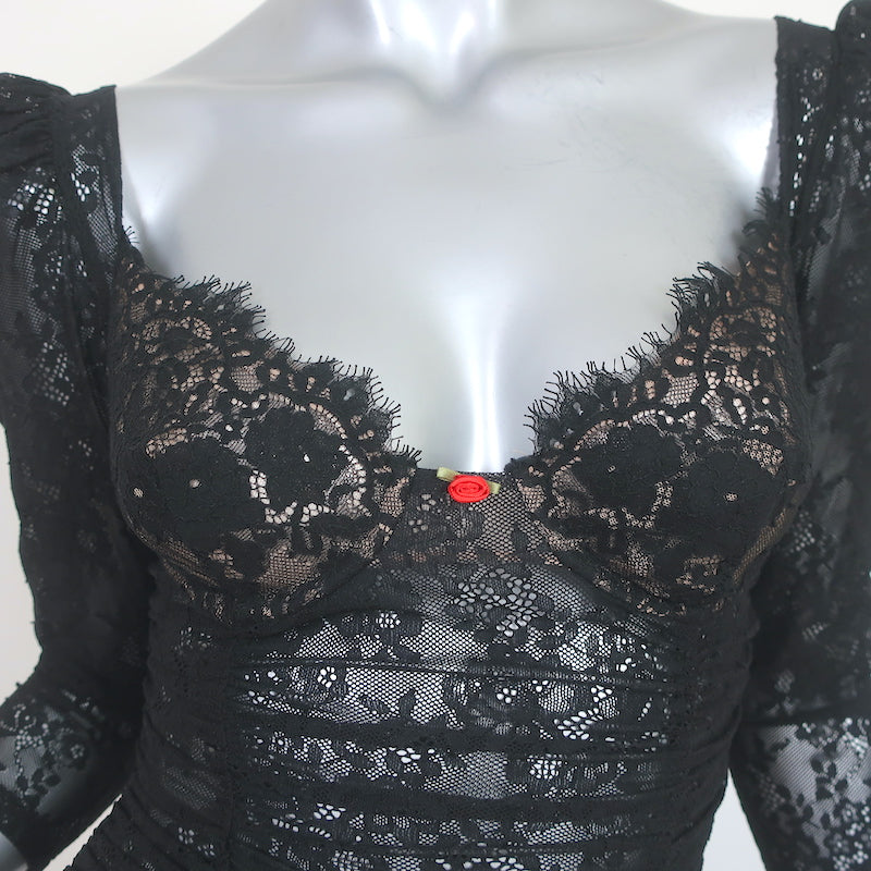 For Love &amp; Lemons Ruched Lace Bustier Mini Dress Black Sz Extra Extra Small NEW