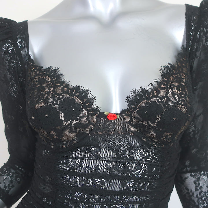 For Love &amp; Lemons Ruched Lace Bustier Mini Dress Black Sz Extra Extra Small NEW