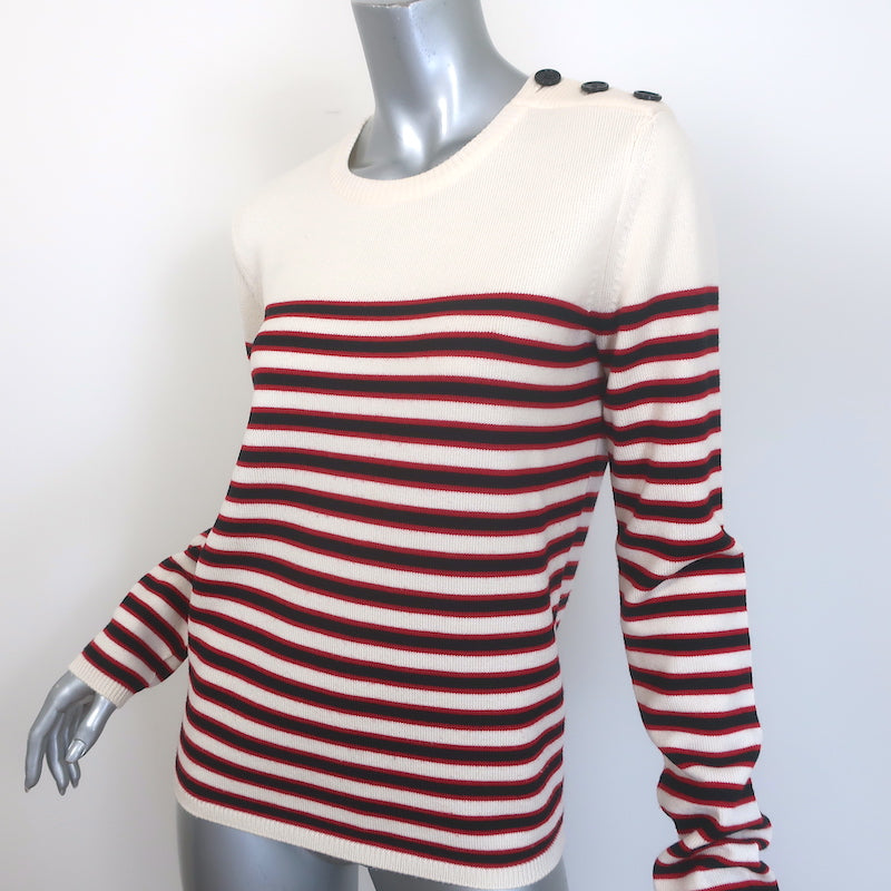 Saint Laurent Buttoned-Shoulder Striped Sweater Cream &amp; Red Wool Size Medium