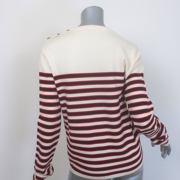 Saint Laurent Buttoned-Shoulder Striped Sweater Cream &amp; Red Wool Size Medium