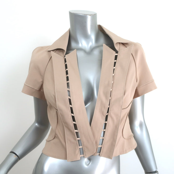 Zac Posen Collared Shirt &amp; Mini Skirt Set Beige Stretch Cotton Size 6/8