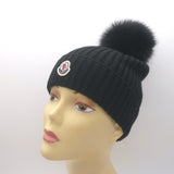 Moncler Berretto Fox Fur Pom Pom Beanie Black Ribbed Virgin Wool Size Youth Large