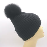 Moncler Berretto Fox Fur Pom Pom Beanie Black Ribbed Virgin Wool Size Youth Large