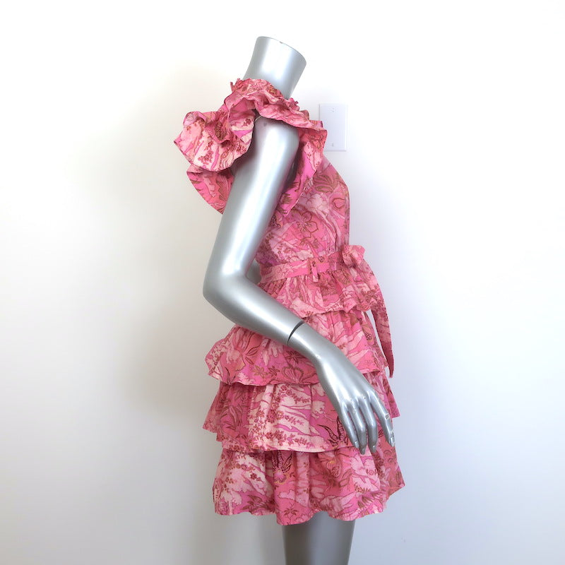 Ulla Johnson Lulua Ruffled Mini Dress Pink Camellia Print Cotton Poplin Size 2