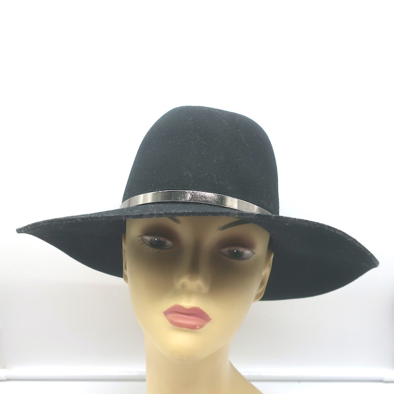 Janessa Leone Stephen Hat with Silver Bar Black Wool Felt Size Small