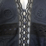 Chloe Button-Front Floral Lace Blouse Navy/Black Size 42 Short Sleeve Top