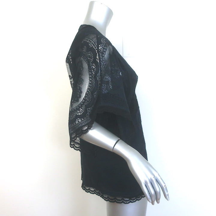 Chloe Button-Front Floral Lace Blouse Navy/Black Size 42 Short Sleeve Top