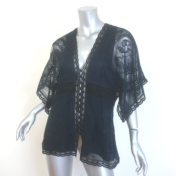 Chloe Button-Front Floral Lace Blouse Navy/Black Size 42 Short Sleeve Top