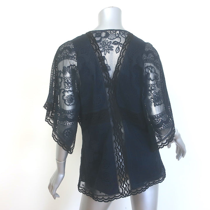 Chloe Button-Front Floral Lace Blouse Navy/Black Size 42 Short Sleeve Top