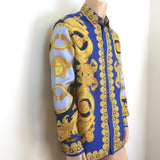 Versace Heritage Fit Baroque Garland Print Shirt Blue/Gold Silk Twill Size 48