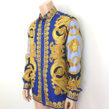 Versace Heritage Fit Baroque Garland Print Shirt Blue/Gold Silk Twill Size 48