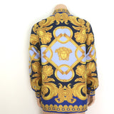 Versace Heritage Fit Baroque Garland Print Shirt Blue/Gold Silk Twill Size 48