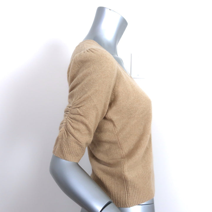 FRAME Cashmere Ruched Sleeve Sweater Taupe Size Small Scoop Neck Top