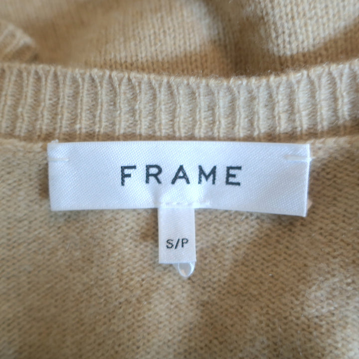 FRAME Cashmere Ruched Sleeve Sweater Taupe Size Small Scoop Neck Top