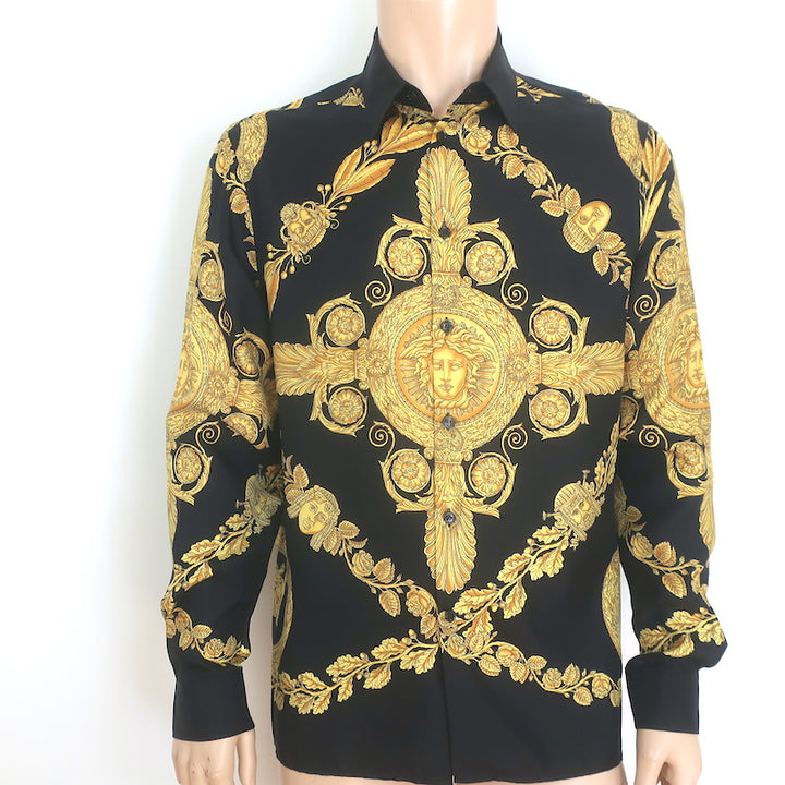 Versace Palazzo Fit Maschera Baroque Print Shirt Black/Gold Silk Twill Size 40