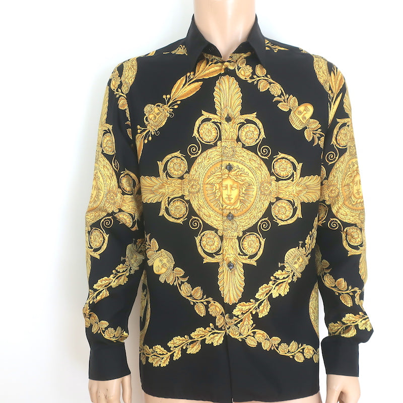 Versace Palazzo Fit Maschera Baroque Print Shirt Black/Gold Silk Twill Celebrity Owned Versace Palazzo Fit Maschera Baroque Print Shirt Black/Gold Silk Twill Celebrity Owned