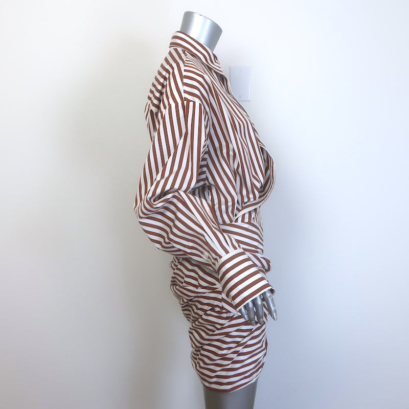 Monse Striped Wrap Shirtdress Brown &amp; White Poplin Size 6 Long Sleeve Mini Dress