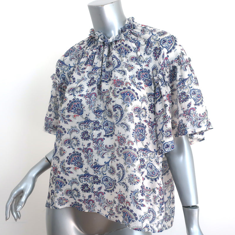 Isabel Marant Blouse Nes White/Blue Paisley Print Silk Size 42 Short Sleeve Top