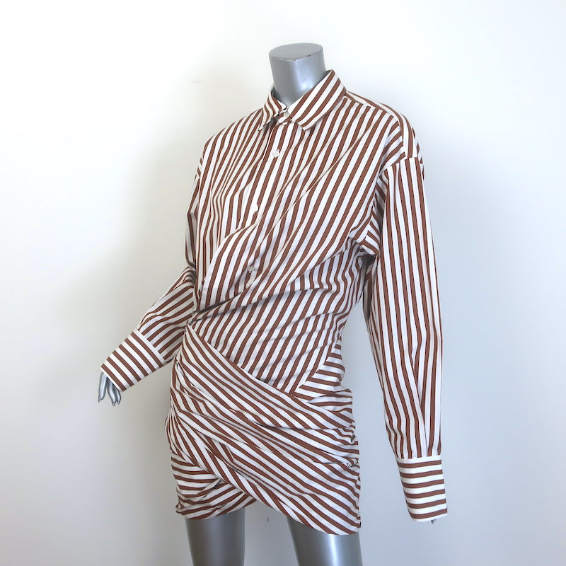 Monse Striped Wrap Shirtdress Brown &amp; White Poplin Size 6 Long Sleeve Mini Dress