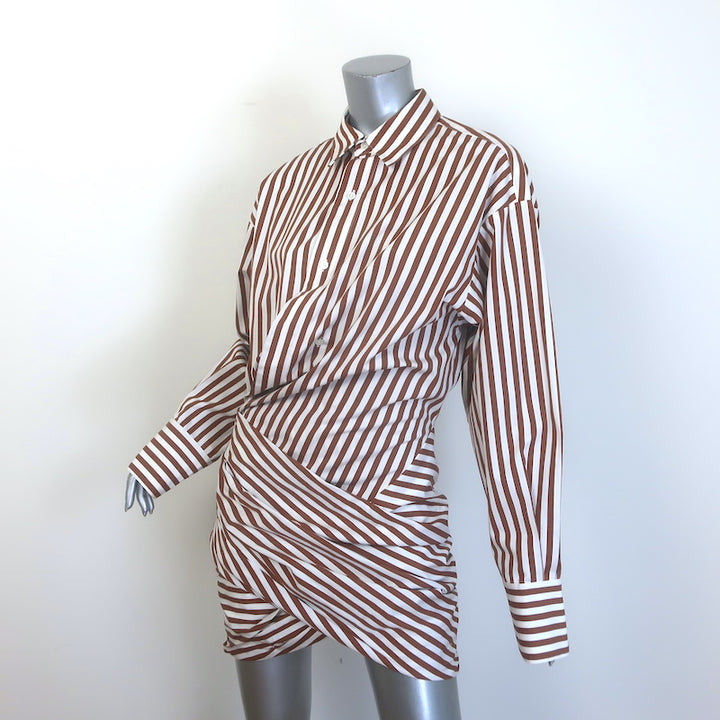 Monse Striped Wrap Shirtdress Brown &amp; White Poplin Size 6 Long Sleeve Mini Dress