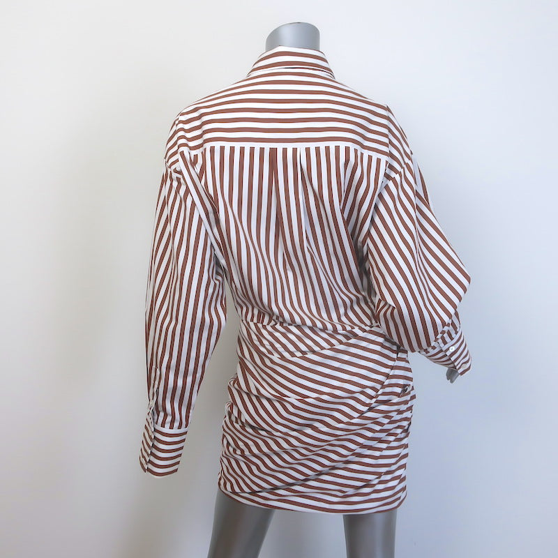 Monse Striped Wrap Shirtdress Brown &amp; White Poplin Size 6 Long Sleeve Mini Dress
