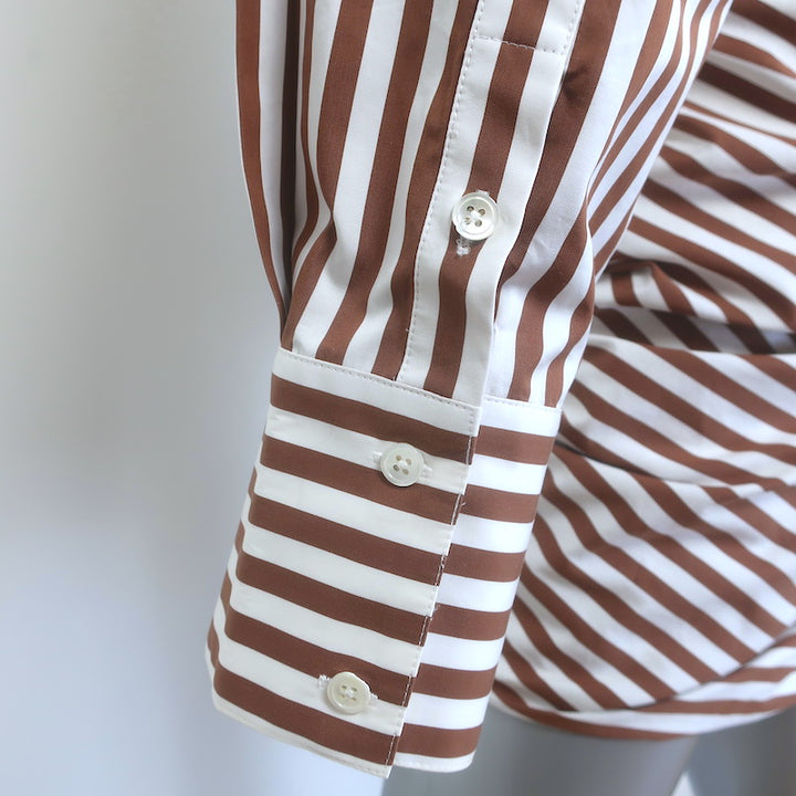 Monse Striped Wrap Shirtdress Brown &amp; White Poplin Size 6 Long Sleeve Mini Dress
