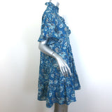 Mille Violetta Ruffled Mini Dress French Blue Floral Print Cotton Size Medium