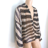 Saint Laurent Zebra Print Deep V-Neck Shirt Brown Silk Georgette Size 39