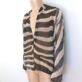 Saint Laurent Zebra Print Deep V-Neck Shirt Brown Silk Georgette Size 39