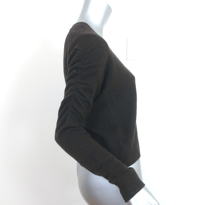 FRAME Cashmere Ruched-Sleeve Sweater Dark Brown Size Small Scoop Neck Pullover
